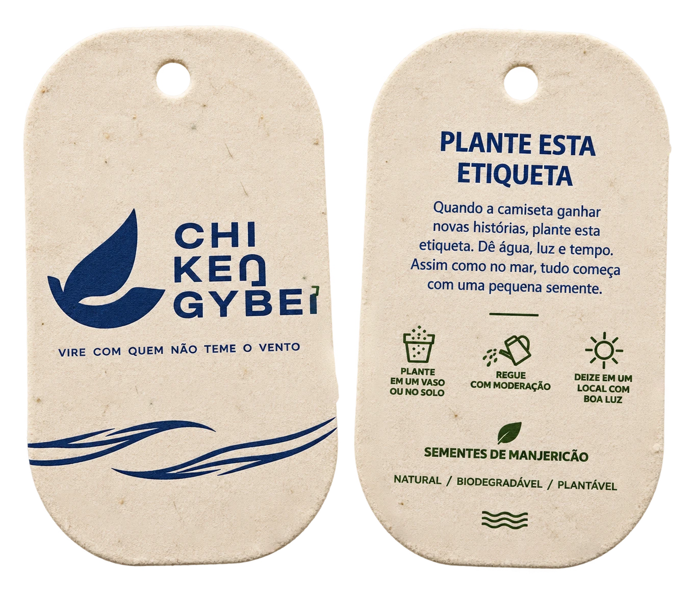 Frente e verso das etiquetas CHI KEN GYBE em papel reciclado rústico, com sementes de manjericão e instruções de plantio.