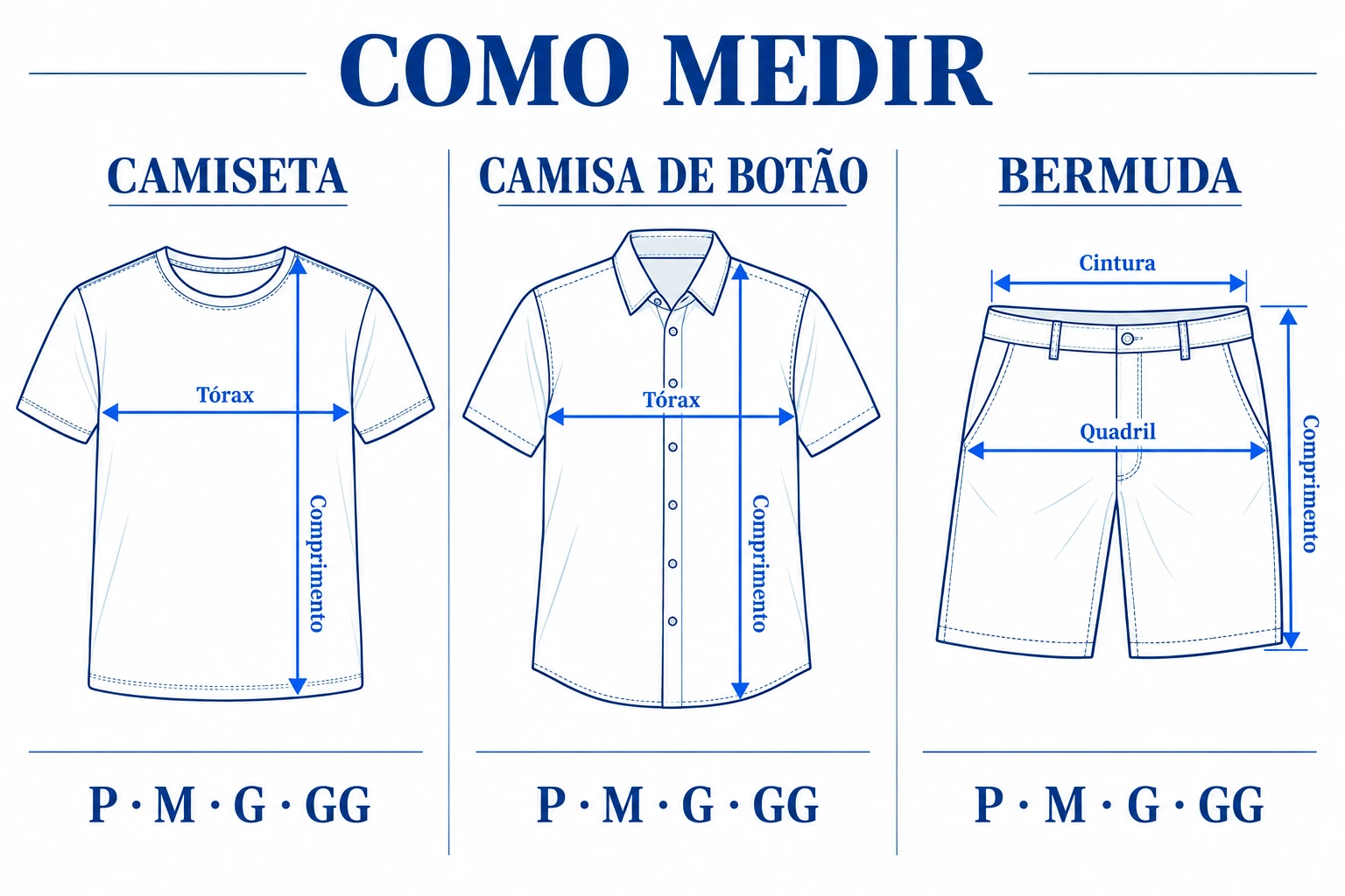 Diagrama de medição de camiseta, camisa de botão e bermuda: tórax, cintura, quadril e comprimento.