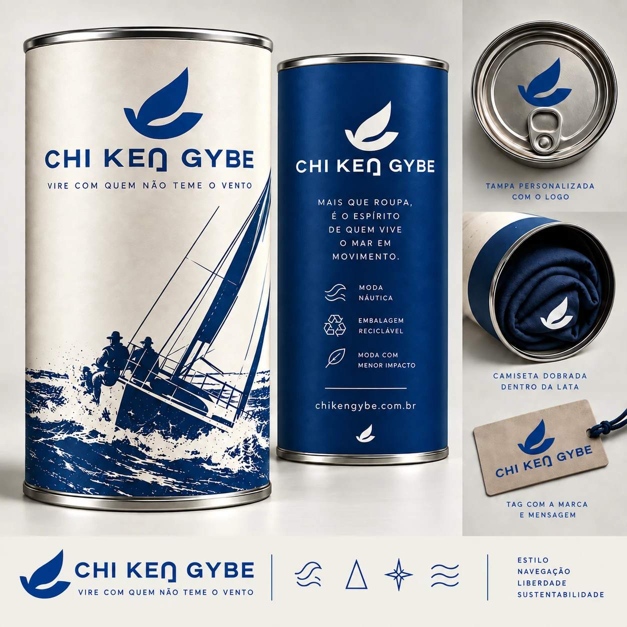 Lata para presente CHI KEN GYBE: embalagem de moda náutica, tampa personalizada, camiseta e etiqueta da marca.